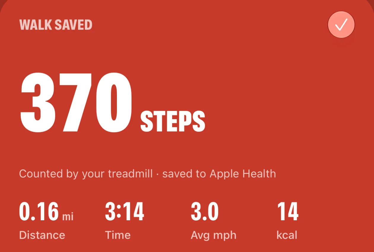 StrideTap's Walk Saved card: 370 steps, counted by your treadmill and saved to Apple Health, with distance 0.16 mi, time 3:14, 3.0 average mph and 14 kcal.